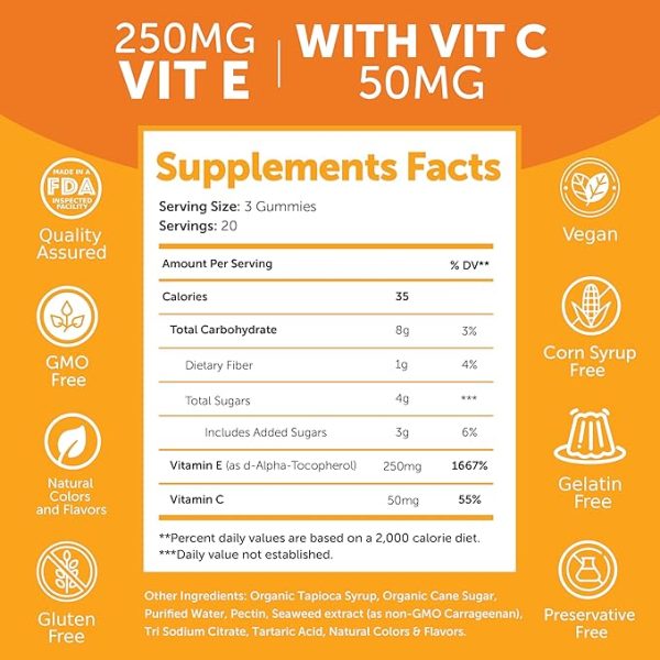 Vitamin E Gummies with Vitamin C - Tastiest Proprietary Formula - 250mg (400IU) Vit E - Antioxidant, Skin & Eye Health Support, Non-GMO, Vegan Vitamin E Supplement - Natural Vitamina E Gummy - 24 Pack - Image 5