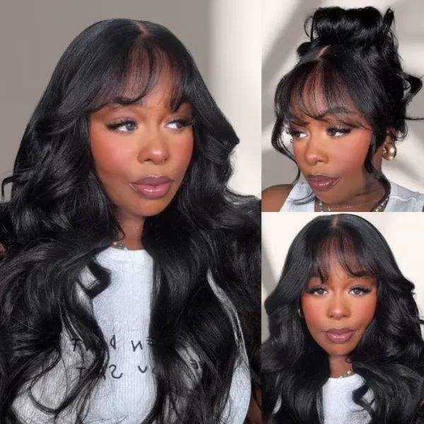 eautyforever 13x4 Lace Frontal 3D Fluffy Loose Wave Wig With Bangs Pre-Cut Glueless Lace Put on and Go Human Hair Wigs